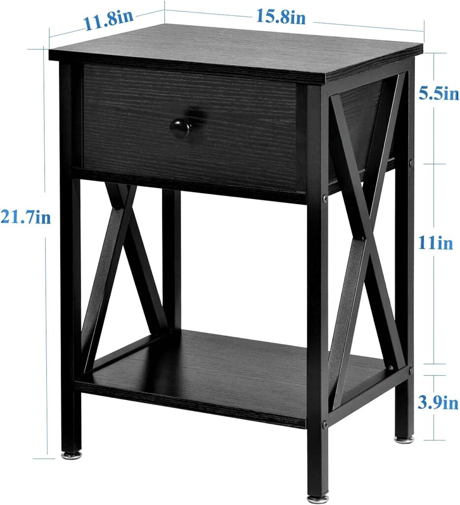 End Table Nightstand with Drawer & Storage Shelf for Living Room Bedroom, Versatile X-Design, Retro Blk