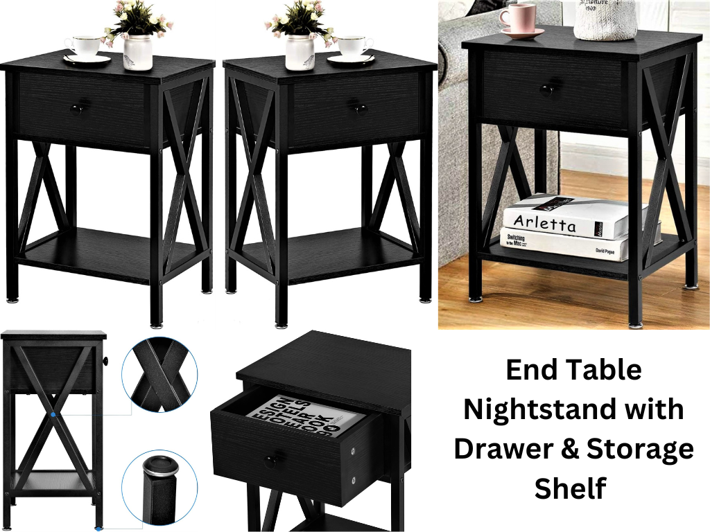 End Table Nightstand with Drawer & Storage Shelf